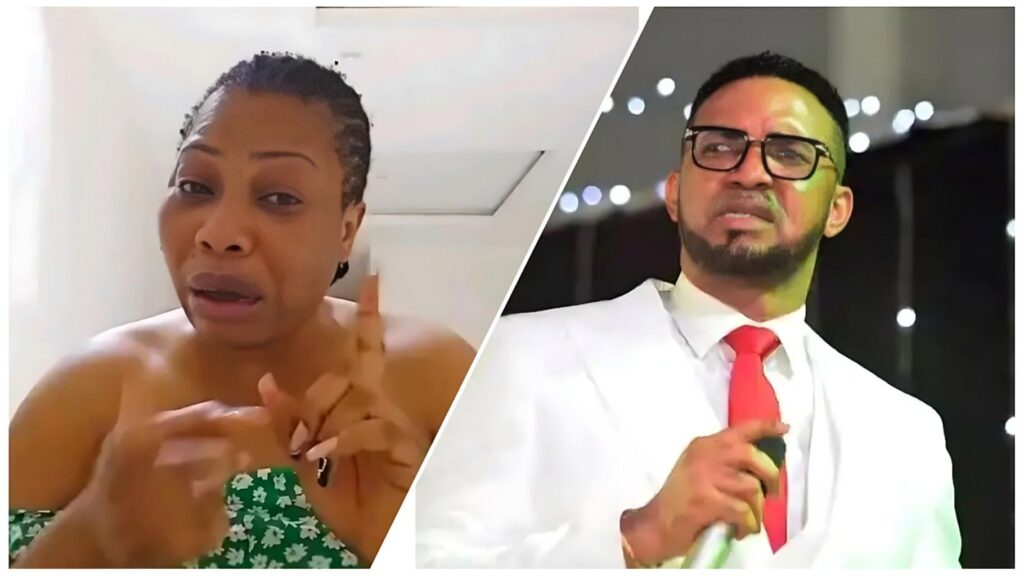 A split image showing Nigerian actress Doris Ogala on the left and Pastor Chris Okafor on the right. Doris Ogala, wearing a strapless outfit, is pointing her finger while speaking. Pastor Chris Okafor is wearing a white suit, glasses, and a red tie, holding a microphone.