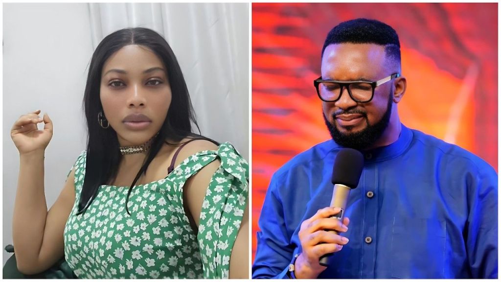 Split-image collage featuring Nigerian actress Doris Ogala (left: seated in a green floral off-shoulder dress with white flower patterns, gold choker necklace, hoop earrings, and hand raised delicately against a white curtain backdrop) and Nigerian pastor Dr. Chris Okafor (right: holding a microphone on stage in a blue traditional outfit, wearing glasses against a vibrant red and orange abstract background).