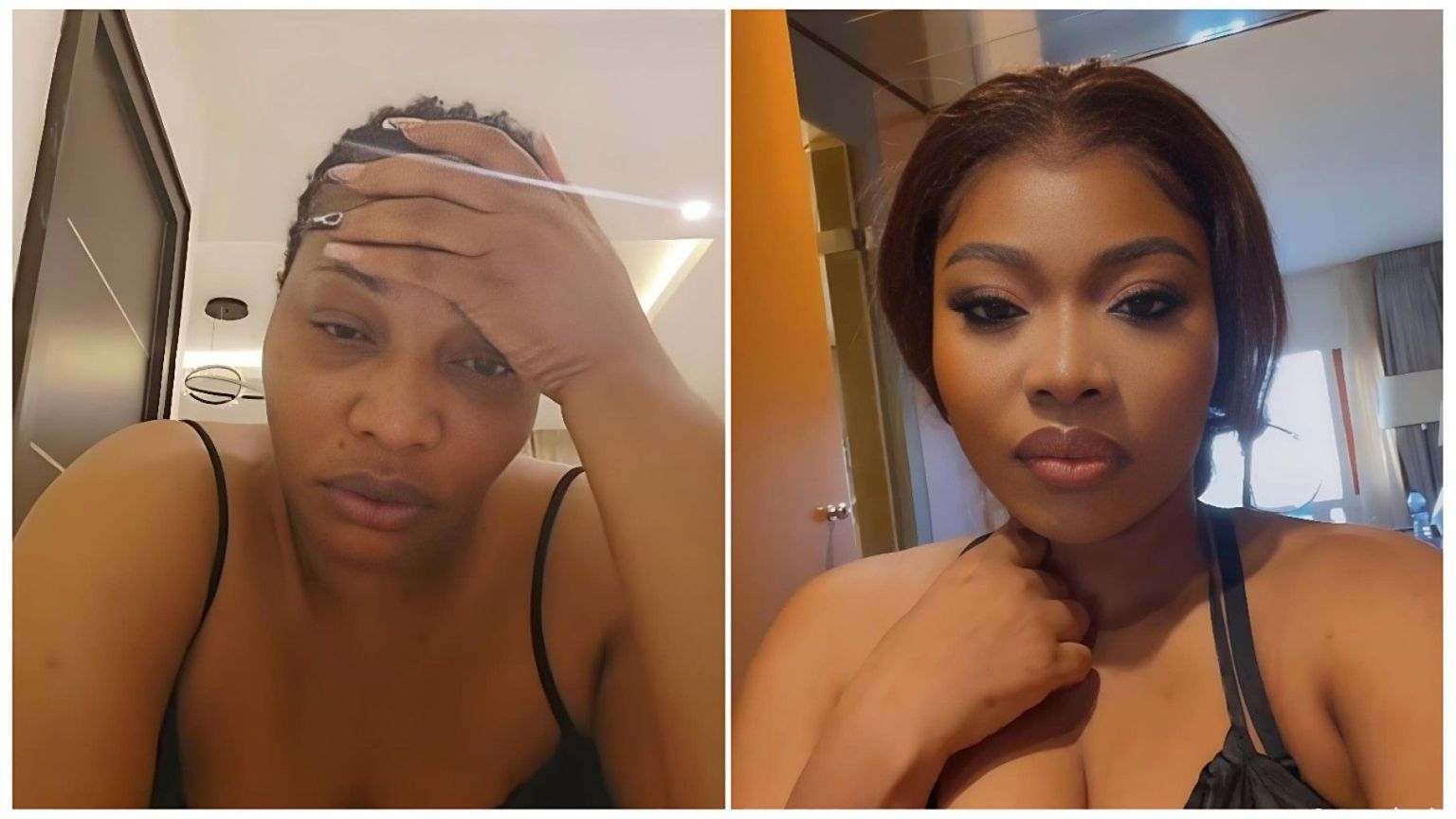 Split-image collage of Nigerian actress Doris Ogala—left: casual no-makeup selfie with short natural hair, hand on forehead, wearing a black strap top in an indoor setting; right: glamorous selfie with full makeup, sleek brown bob wig, and black outfit, posing with hand near neck in a brightly lit room.