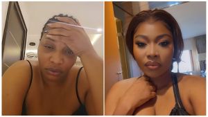 Split-image collage of Nigerian actress Doris Ogala—left: casual no-makeup selfie with short natural hair, hand on forehead, wearing a black strap top in an indoor setting; right: glamorous selfie with full makeup, sleek brown bob wig, and black outfit, posing with hand near neck in a brightly lit room.