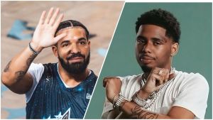 Split-image collage featuring Canadian rapper Drake (left: on a basketball court wearing a starry dark blue jersey with "21" patch, raising his hand in a salute gesture, showing tattoos and bracelets) and American rapper Pooh Shiesty (right: thoughtful pose with hand on chin, wearing a white T-shirt, multiple diamond chains, watches, and rings against a teal background).