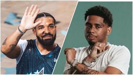 Split-image collage featuring Canadian rapper Drake (left: on a basketball court wearing a starry dark blue jersey with "21" patch, raising his hand in a salute gesture, showing tattoos and bracelets) and American rapper Pooh Shiesty (right: thoughtful pose with hand on chin, wearing a white T-shirt, multiple diamond chains, watches, and rings against a teal background).