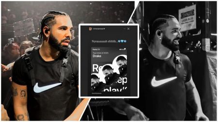 A collage of Drake during a live performance, showing him in a black Nike shirt with braided hair and in-ear monitors. In the centre is a screenshot of his Instagram Story, where he reacts to being named Apple Music’s Top Artist of 2025 with the caption “Nyeaaaaaah ehhhh…” and icy blue emojis, alongside a Replay ’25 graphic featuring multiple black-and-white images of him.