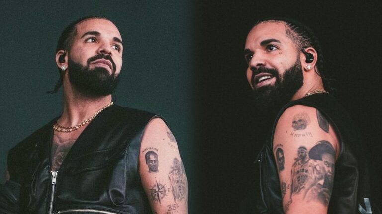 Side-by-side photos of rapper Drake on stage in a black leather vest, showing his tattooed arms and braided hair as he looks off to the side against a dark background.