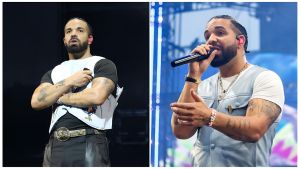 A split image of Canadian rapper Drake performing live on stage. In the left panel, he is looking up and crossing his arms, wearing a black t-shirt, a white sleeveless vest with a graphic, black leather pants, and a large belt buckle. In the right panel, he is holding a microphone and singing, wearing a light blue or white leather vest and a gold chain, with his arms gesturing outward.