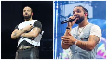 A split image of Canadian rapper Drake performing live on stage. In the left panel, he is looking up and crossing his arms, wearing a black t-shirt, a white sleeveless vest with a graphic, black leather pants, and a large belt buckle. In the right panel, he is holding a microphone and singing, wearing a light blue or white leather vest and a gold chain, with his arms gesturing outward.