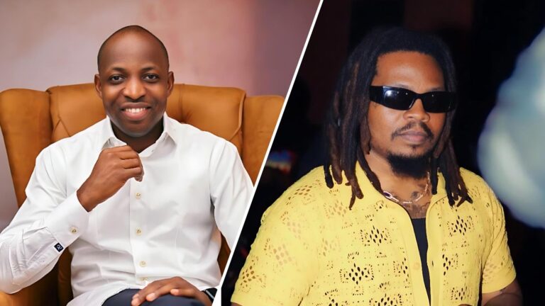 Side-by-side photo of gospel singer Dunsin Oyekan smiling in a white shirt and seated on a tan chair, next to a photo of Nigerian rapper Olamide wearing dark sunglasses and a yellow perforated shirt at a public event.