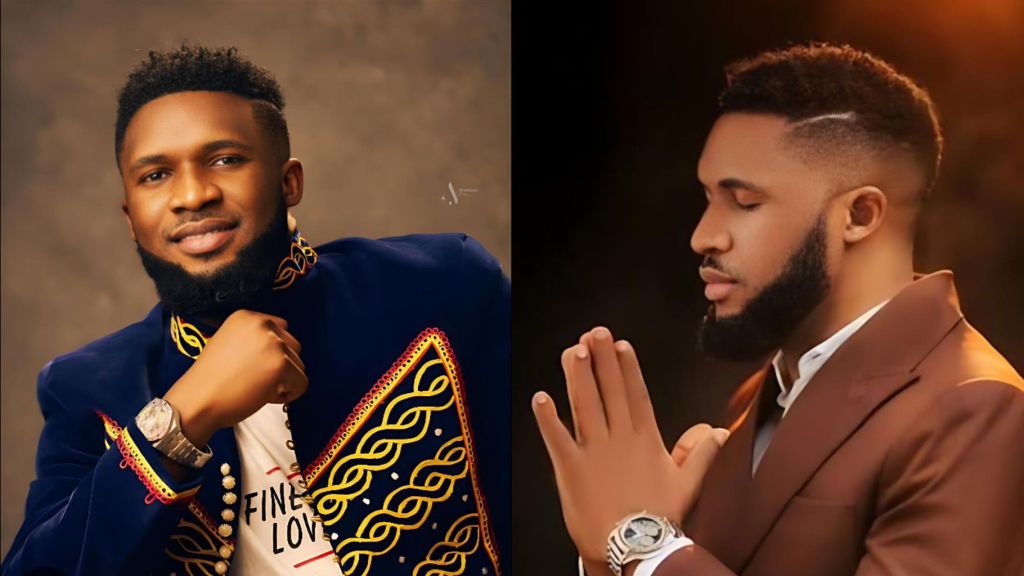 Side-by-side portraits of gospel singer Ebuka Songs. On the left, he poses in a blue embroidered jacket with a slight smile. On the right, he wears a brown suit with eyes closed and hands clasped in prayer.