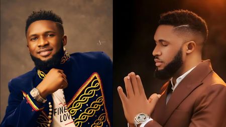 Side-by-side portraits of gospel singer Ebuka Songs. On the left, he poses in a blue embroidered jacket with a slight smile. On the right, he wears a brown suit with eyes closed and hands clasped in prayer.