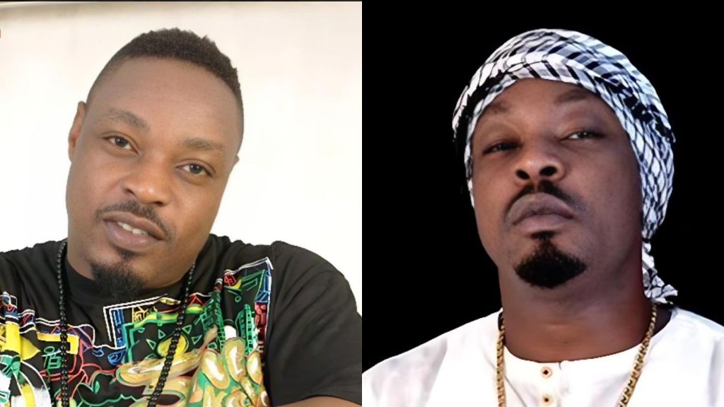 Side-by-side photos of Nigerian rapper Eedris Abdulkareem. The left image shows him smiling slightly in a colourful patterned shirt against a light background. The right image shows him wearing a white outfit and a black-and-white headscarf, looking directly at the camera with a serious expression against a dark background.