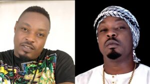 Side-by-side photos of Nigerian rapper Eedris Abdulkareem. The left image shows him smiling slightly in a colourful patterned shirt against a light background. The right image shows him wearing a white outfit and a black-and-white headscarf, looking directly at the camera with a serious expression against a dark background.