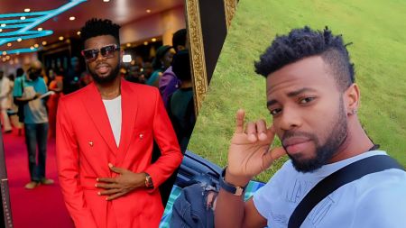 A side-by-side collage of two photos of Nigerian comedian, actor, and musician Elvis Poko (also known as Sweet Papi). On the left: him dressed in a bright red double-breasted suit with a white shirt, dark sunglasses, and a beard, posing confidently with hands clasped at an indoor event on a red carpet. On the right: a casual selfie of him outdoors on green grass, wearing a white t-shirt, making a hand gesture near his face (fingers pointing to cheek), with a serious expression, beard, and short curly hair.