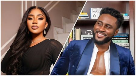 Side-by-side portrait of actress Evanny Patrick in a black outfit with long dark hair and earrings, next to BBNaija star Pere Egbi smiling in a blue suit jacket in front of a bookshelf.