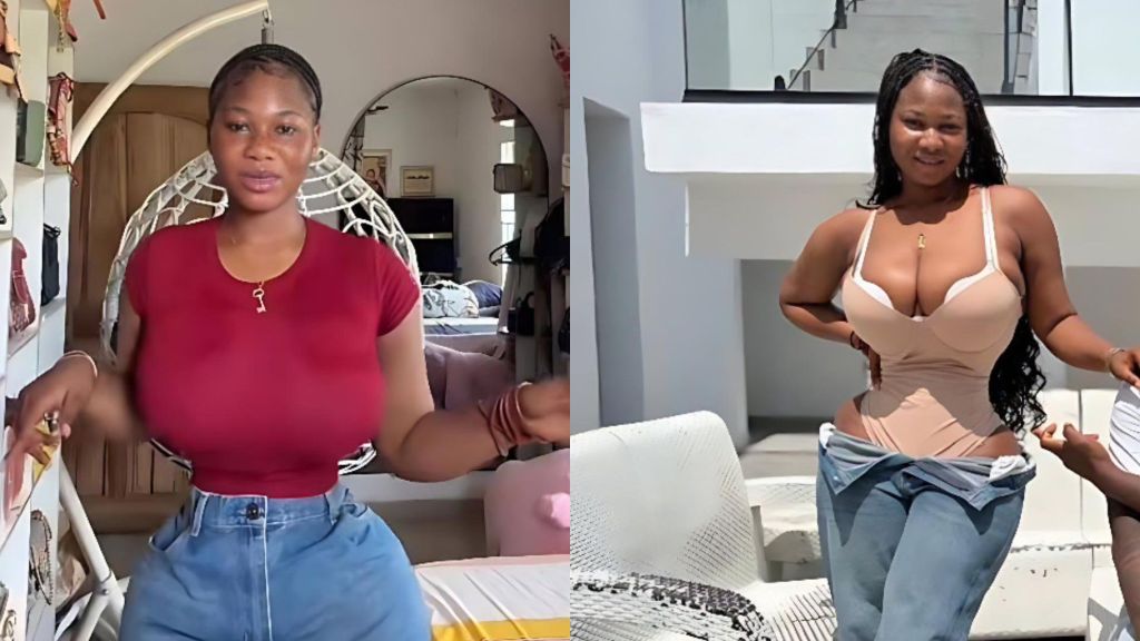 Two side-by-side photos of influencer Ewatomilola. In the first image, she stands indoors wearing a red fitted top and blue jeans. In the second image, she poses outdoors in a nude-coloured corset top with jeans partially unbuttoned, showing a pronounced hourglass shape.