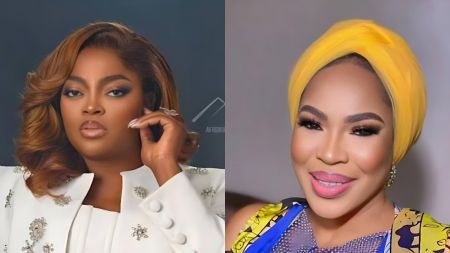 Funke Akindele and Faithia Balogun shown side by side in separate portrait photos, both smiling softly in elegant outfits.