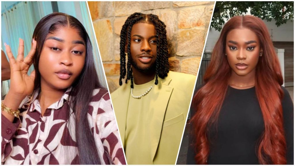 A collage featuring three BBNaija housemates: Imisi on the left posing with her hand near her face, Koyin in the center wearing a light green outfit with twisted braids, and Dede on the right with long auburn hair, dressed in a black top.