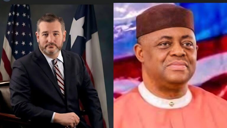 Side-by-side photo showing U.S. Senator Ted Cruz seated in a formal setting with American flags behind him, next to Nigerian ambassadorial nominee Femi Fani-Kayode wearing a traditional outfit against a colourful backdrop.