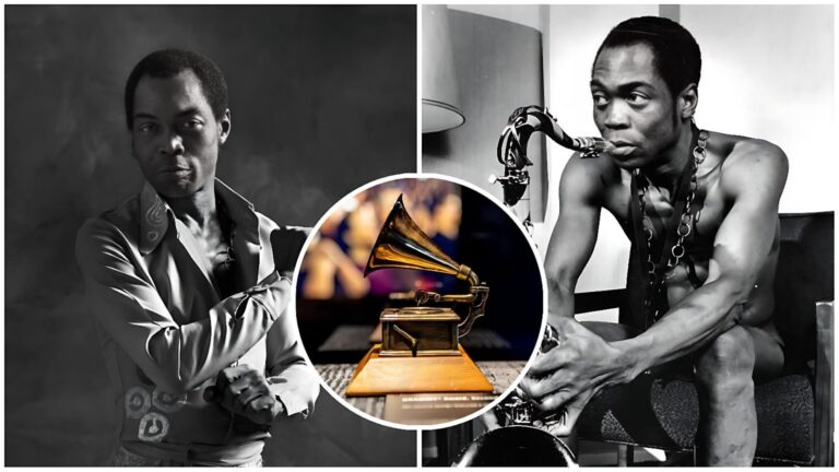 A powerful portrait of the late Nigerian musician and activist Fela Kuti, shirtless and raising his clenched fists in a Black Power salute during a high-energy performance. He is wearing colorful, patterned traditional trousers and several beads around his neck, with his face showing intense focus under the stage lights.