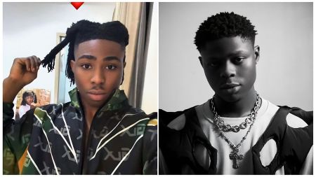 Split-image collage featuring (left) Nigerian content creator and singer Fola holding a section of his dreadlocks, wearing a black patterned jacket with white "X" designs in a casual indoor setting with a red heart emoji overlay; (right) late Nigerian singer Mohbad in a black-and-white portrait, wearing a white shirt under a cut-out black jacket, multiple silver chains including a cross pendant, against a plain background.