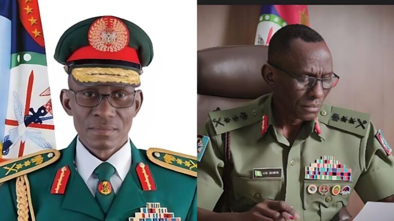 Side-by-side photos of former Nigerian Chief of Defence Staff Lucky Irabor, wearing military uniform in both images. The left image shows him in full ceremonial attire with a peaked cap, while the right image shows him seated at a desk reviewing documents