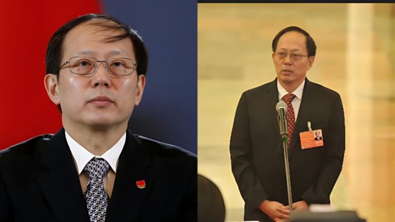 Former Chinese sports minister Gou Zhongwen seen in two separate photos, one seated in a suit with glasses before a red backdrop, and another standing at a podium wearing a dark suit and red tie.