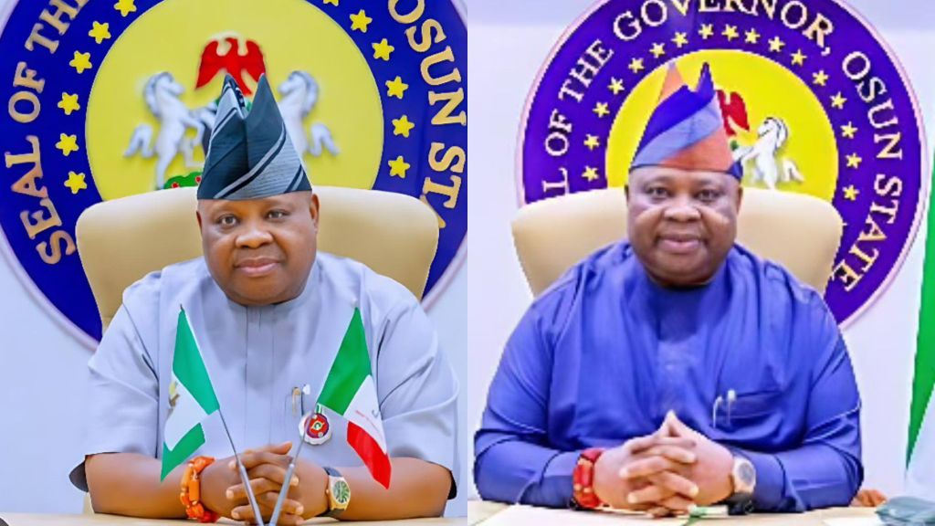 A side-by-side photo collage of Osun State Governor Ademola Adeleke seated at his official desk, wearing different traditional outfits, with the Osun State Government seal displayed behind him.