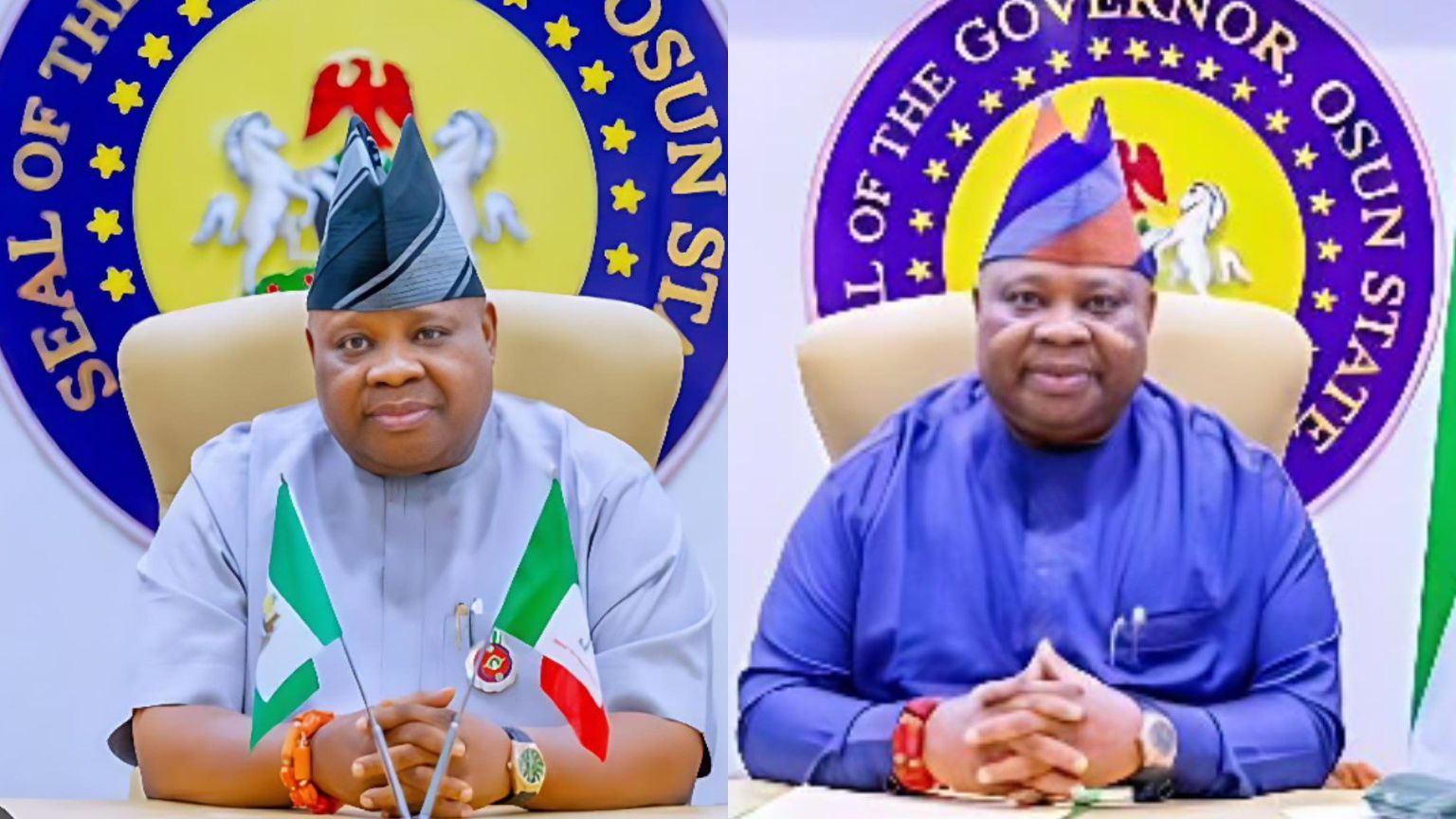A side-by-side photo collage of Osun State Governor Ademola Adeleke seated at his official desk, wearing different traditional outfits, with the Osun State Government seal displayed behind him.