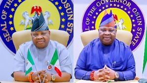 Governor Adeleke defends his dancing and singing and says he will not stop A side-by-side photo collage of Osun State Governor Ademola Adeleke seated at his official desk, wearing different traditional outfits, with the Osun State Government seal displayed behind him.
