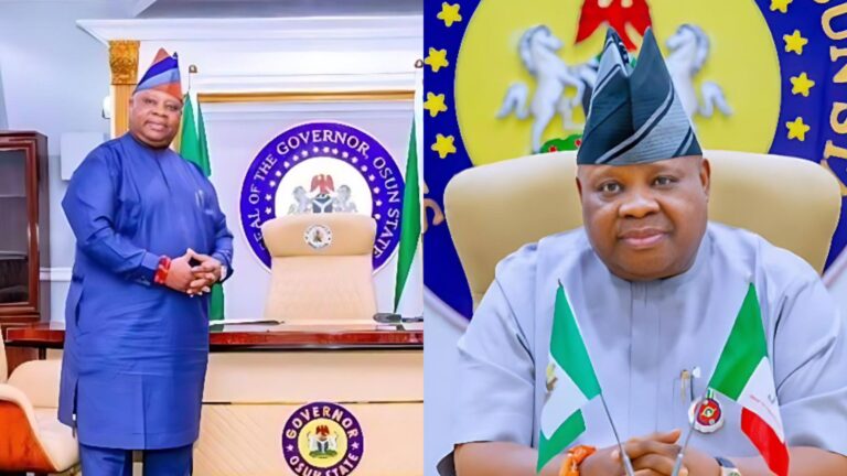 A photo collage showing Osun State Governor Ademola Adeleke. The left image shows him standing in his office wearing a blue agbada, while the right image shows him seated at his desk with two small Nigerian flags in front of him. The official Osun State seal is visible behind him in both images.