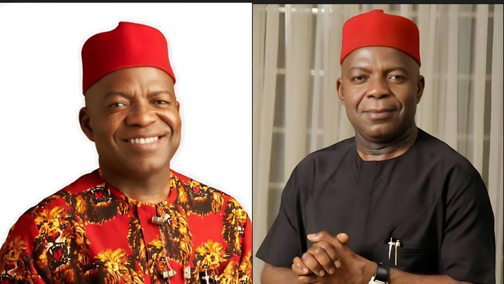 Side-by-side portraits of Abia State Governor Alex Otti wearing traditional Igbo attire and a red cap, smiling in one photo and posing with clasped hands in the other.