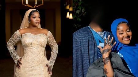 "Guinean bride poses in an embellished gold wedding gown, and in another photo she smiles in a blue hijab while showing her henna and ring beside her blurred-out husband."