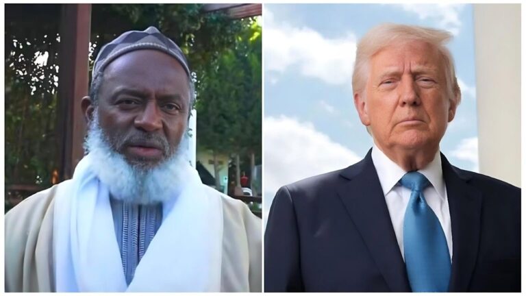 Split-image collage featuring (left) controversial Nigerian Islamic cleric Sheikh Ahmad Gumi in traditional attire with a white beard, patterned cap, and light robe, seated outdoors against a backdrop of greenery; (right) U.S. President Donald Trump in a dark suit with light blue tie, looking upward with eyes closed against a bright sky with clouds.