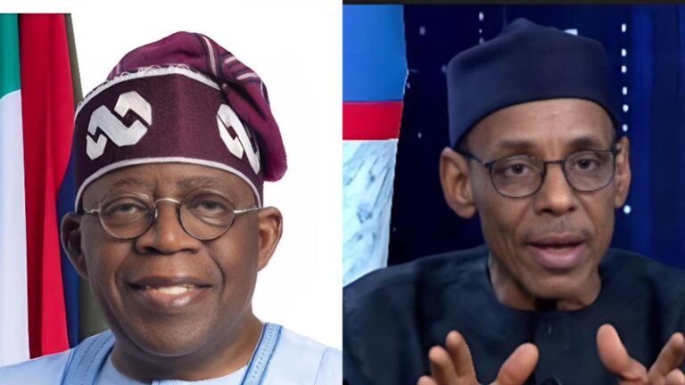 Side-by-side photos of President Bola Ahmed Tinubu wearing a traditional cap and glasses, smiling at the camera, next to Hakeem Baba-Ahmed speaking during a television interview while wearing glasses and a dark cap.