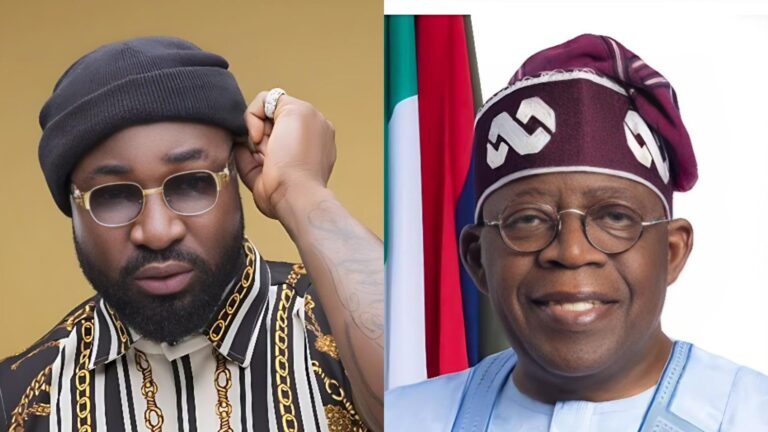 Side-by-side photo showing Nigerian singer Harrysong wearing a black beanie, glasses, and patterned shirt on the left, and President Bola Ahmed Tinubu wearing a traditional cap and glasses with the Nigerian flag behind him on the right.
