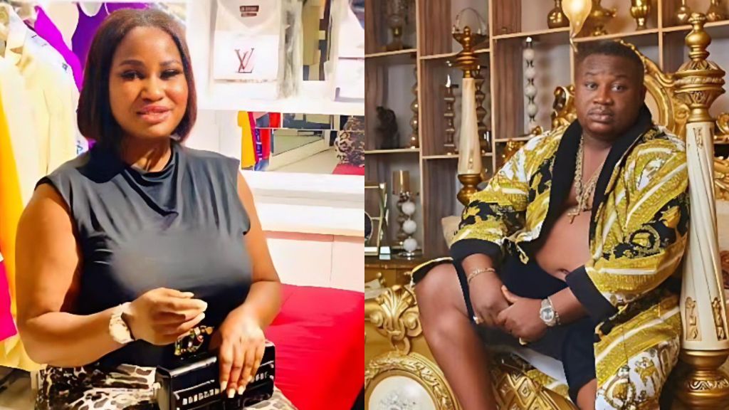 Hellen Ati sitting indoors in a boutique while Cubana Chiefpriest sits on a gold-themed chair in a luxury room.