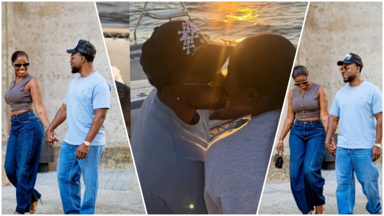 A collage of photos showing Hilda Baci and her partner Dapper holding hands during a casual outdoor walk and sharing a kiss while seated on a boat at sunset. The couple appear relaxed and affectionate in all frames.
