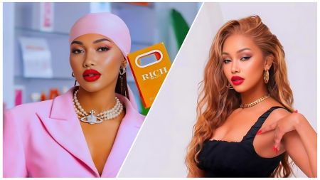 A split-panel image featuring Kenyan entrepreneur and socialite Huddah Monroe. On the left, she is wearing a pink blazer, a matching pink headscarf, and a large pearl necklace with a silver pendant, holding a "Rich Beauty" product bag. On the right, she is posing with long, wavy blonde hair, wearing a black top and a gold chain necklace, with bright red lipstick and a glamorous makeup look.