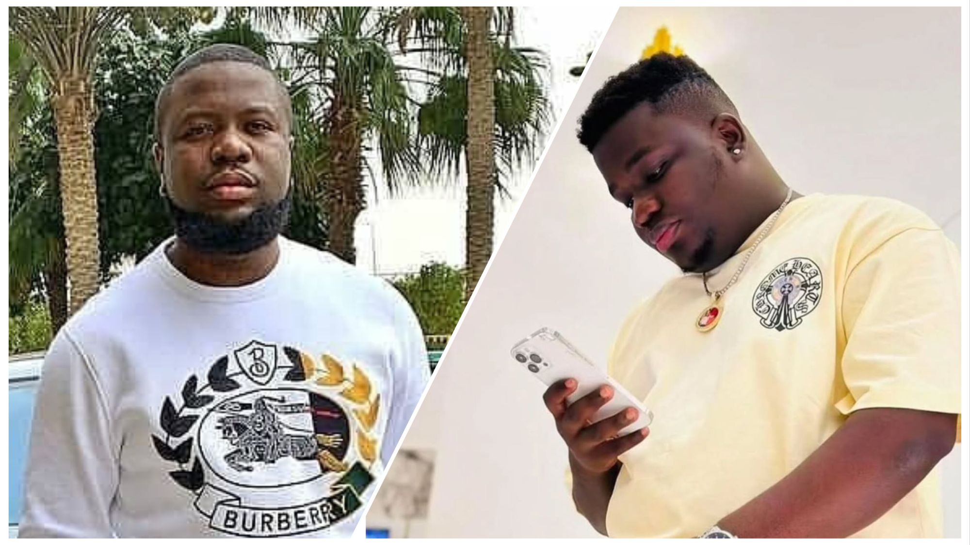 Side-by-side photo showing Nigerian influencer Hushpuppi on the left and Ghanaian socialite Abu Trica on the right, both posing in separate locations.