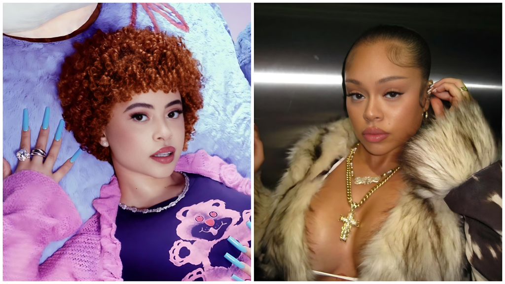 Split-image collage of American rappers Ice Spice (left: curly reddish-orange hair, wearing a pink fuzzy jacket over a purple graphic T-shirt with a cartoon bear, long light blue nails, and diamond rings, posing against a blue teddy bear backdrop) and Latto (right: sleek pulled-back hair, fur-collared jacket, gold chains with cross pendant, and long blue nails, in a dimly lit setting).