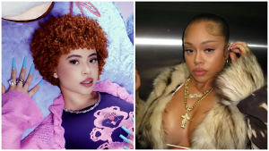 Split-image collage of American rappers Ice Spice (left: curly reddish-orange hair, wearing a pink fuzzy jacket over a purple graphic T-shirt with a cartoon bear, long light blue nails, and diamond rings, posing against a blue teddy bear backdrop) and Latto (right: sleek pulled-back hair, fur-collared jacket, gold chains with cross pendant, and long blue nails, in a dimly lit setting).