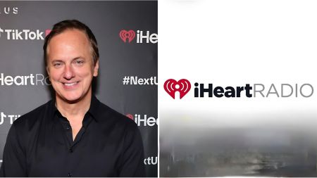 Side-by-side image showing an iHeartRadio executive standing in front of a branded event backdrop on the left, and the official iHeartRadio logo displayed on a white background on the right.