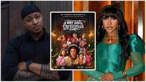 A promotional composite image for the 2025 Nollywood film A Very Dirty Christmas. On the left, actor IK Ogbonna poses seriously with arms crossed, wearing a black shirt and cap. In the center, the official movie poster shows the title in stylized dripping red font with the tagline "One Holiday. Too Many Secrets.", directed by Akay Mason, in cinemas December 16, featuring an ensemble cast in festive yet dramatic attire surrounded by Christmas decorations and caution tape. On the right, actress and producer Ini Edo poses elegantly in a teal satin dress with puffed sleeves and gold accessories.