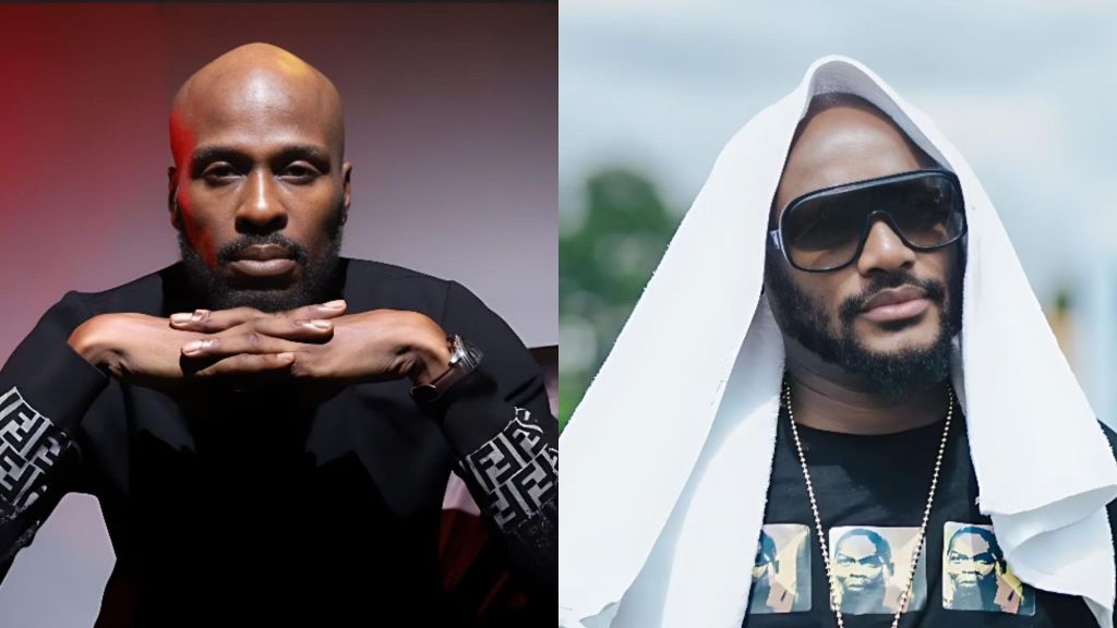Portrait of actor and rapper Ikechukwu Onunaku on the left, seated with his hands clasped under his chin, and singer 2Baba wearing dark sunglasses and a white cloth draped over his head on the right.