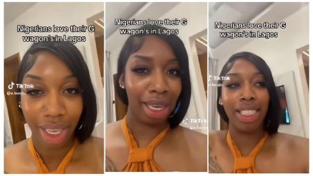 Tri-panel screenshot from a TikTok video by user @a.boujie showing a woman with straight black bob hair, wearing an orange halter-neck top, speaking to the camera indoors—left: neutral expression with text overlay "Nigerians love their G wagon's in Lagos"; center: mid-sentence with same text; right: smiling with TikTok logo and @a.boujie visible.