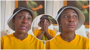 Tri-panel collage of Nigerian actress Ini Edo wearing a black and white bucket hat and bright yellow T-shirt—left: surprised open-mouthed expression looking up; center (circular inset): hands pressed together in prayer pose covering her mouth; right: skeptical side-eye expression—against an indoor background with a framed painting.