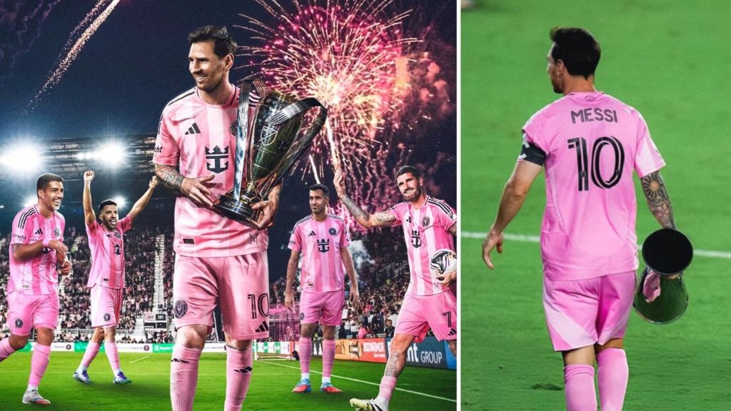 Lionel Messi celebrates with the MLS Cup trophy alongside Inter Miami teammates as fireworks light up the stadium, and a second image shows Messi walking across the pitch holding the trophy after the final.
