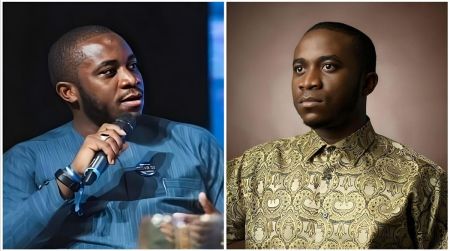 Split-image collage of Nigerian tech entrepreneur and founder of Gina Technologies, Invictus Obi (Obinwanne Okeke)—left: speaking into a microphone while wearing a blue traditional outfit at an event; right: formal portrait in a gold patterned shirt against a neutral background.