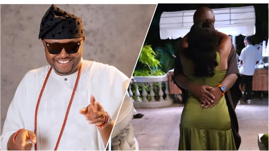 Composite image: Left, Isreal DMW (Isreal Afeare) in white traditional attire, cap, and sunglasses, smiling and pointing. Right, a couple embracing outdoors at night (likely Isreal DMW and a partner).