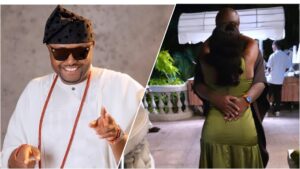 Composite image: Left, Isreal DMW (Isreal Afeare) in white traditional attire, cap, and sunglasses, smiling and pointing. Right, a couple embracing outdoors at night (likely Isreal DMW and a partner).