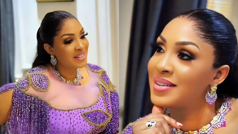 “Iyanaladuke poses indoors wearing a detailed purple beaded gown, styled with gold and purple jewellery, soft glam makeup, and a sleek ponytail, smiling in two close-up portrait shots.”